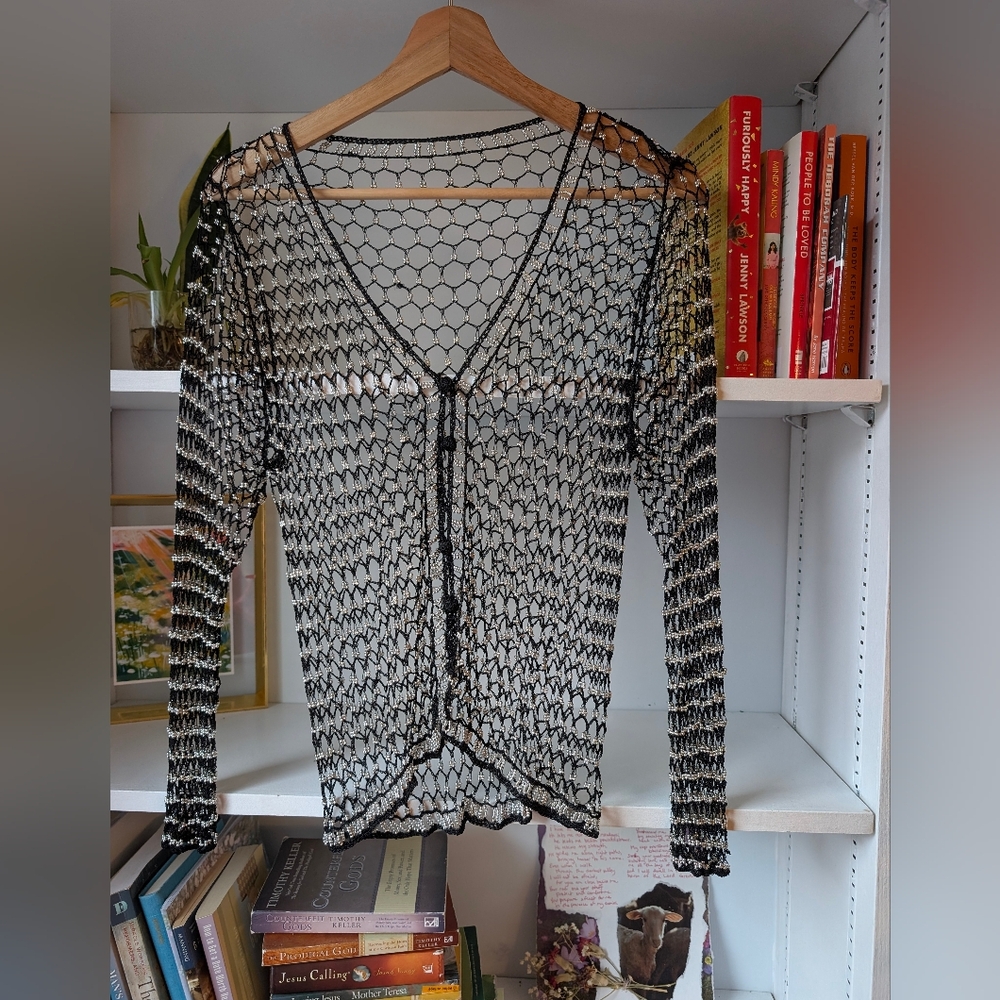 Mesh Net Cardigan Sheer Knit Black and Silver Beaded Small Festival Boho Rave